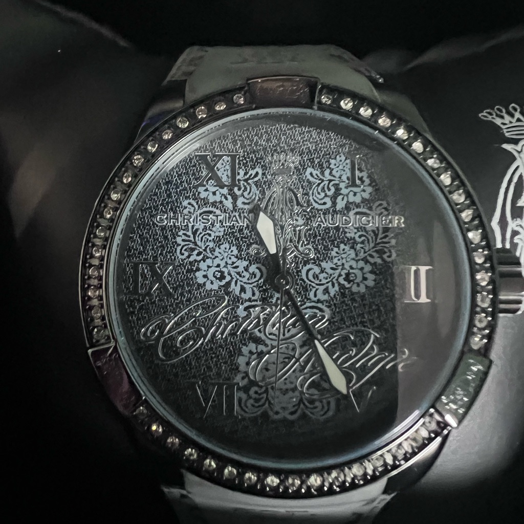 Christian Audigier Black And Silver Timepiece With Swarovski Accent